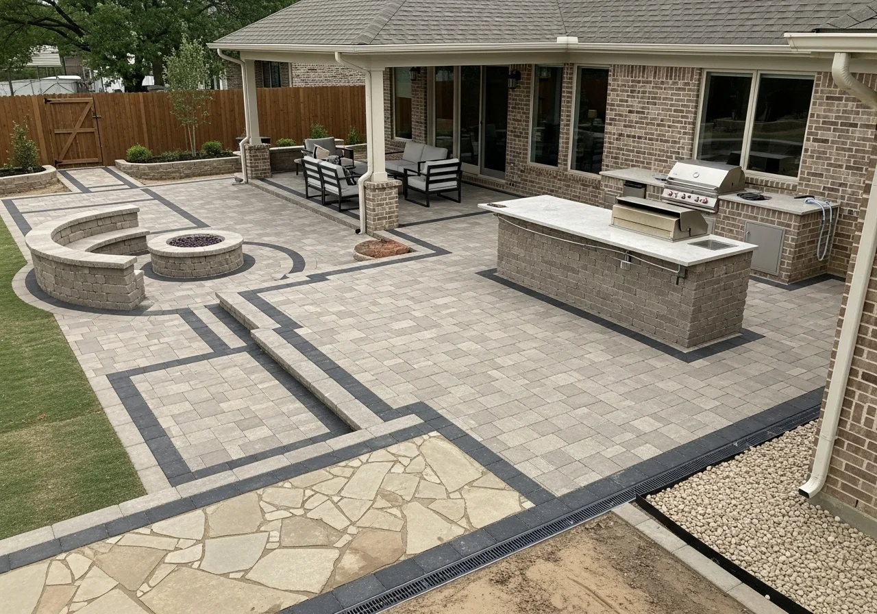 Outdoor living space with paver patio and kitchen area